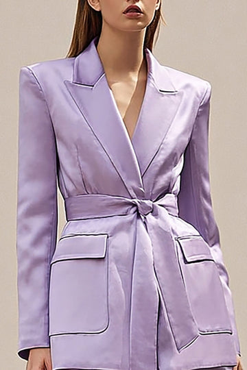 2 pièces lilas à revers en satin costumes d’affaires avec ceinture